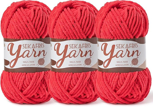 3 Pack Fluffy Velvet Yarn for Crocheting，Baby Blanket Yarn for Crocheting Soft，150g(196.8yds) Amigurumi Yarns，Plush Chenille Crochet Yarns，Puzzle Yarn for Crochet Weaving Craft(3 Red)