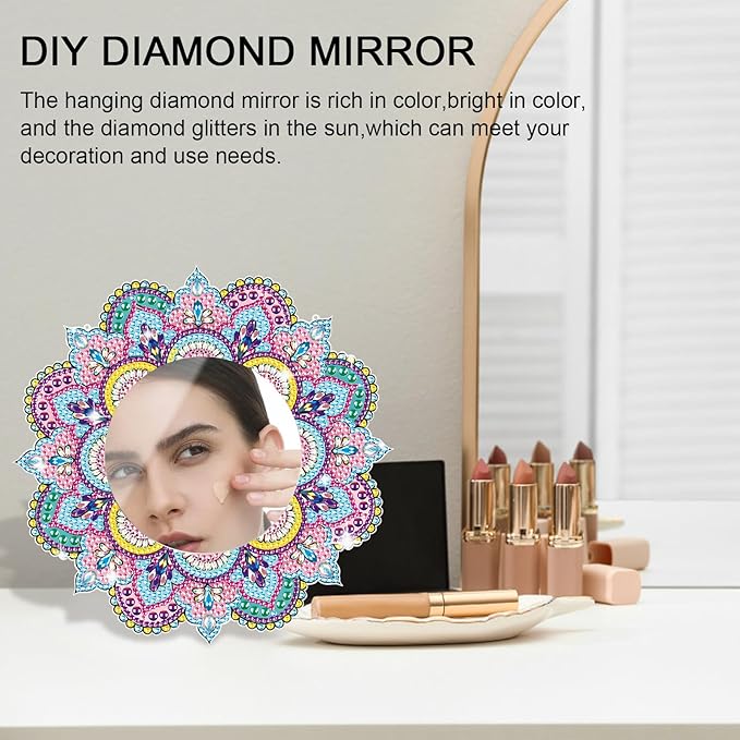 DIY Diamond Painting Mirror for Adults DIY Special Shaped Crystal Diamond Painting Kit Mandala Mirror Makeup Mirror Christmas Halloween Birthday Gifts Art Crafts Home Decor (Pink-Blue)