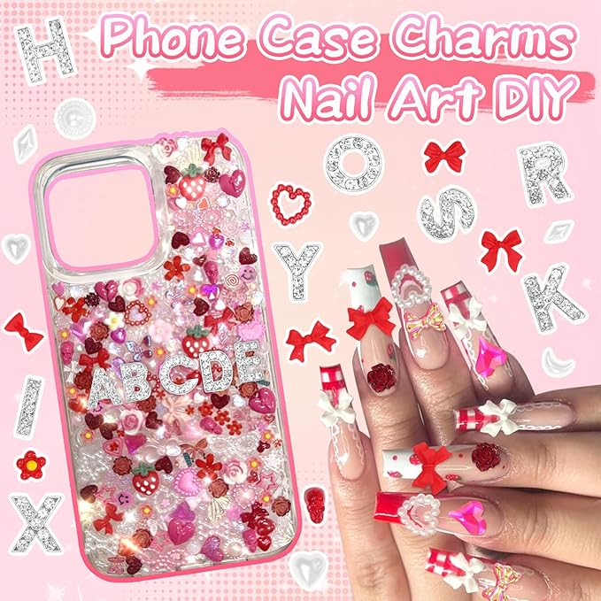 330 Pcs Junk Phone Case Charms 26 Pcs A-Z Rhinestone Alphabet Letter Charm, Mix Red White Flower Bow Heart Pearls Flatback Resin Charms Letter Junk Cases Kit for DIY Crafts