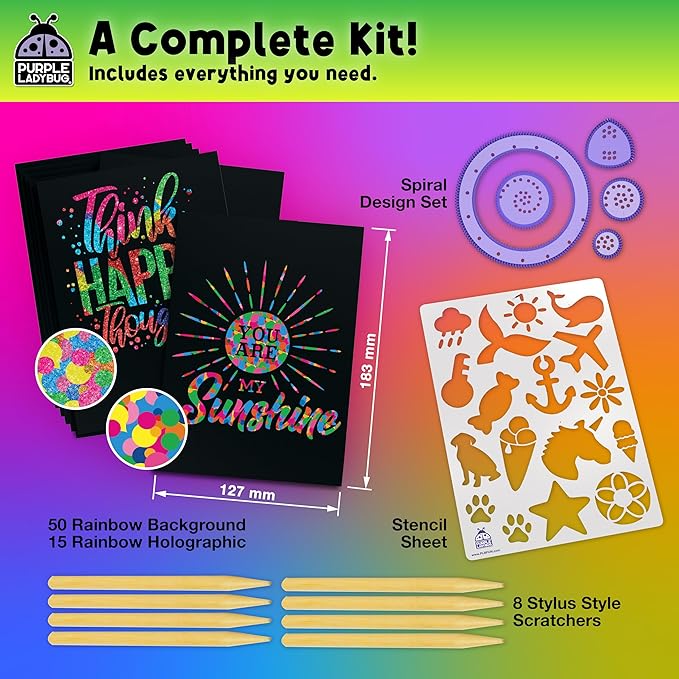 PURPLE LADYBUG Rainbow Scratch Art Paper, 79 PCS Creative Drawing Paper & Stencils - Arts and Crafts for Ages 4-12, Kids Craft Activity Set, Easter Basket Stuffers for Kids, Summer Wedding Activities