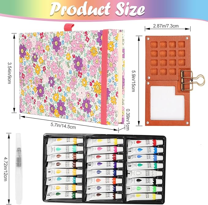 Mini Watercolor Paint Set, Watercolor Kit, Mini Watercolor Travel Set with Wooden 15-Grid Palette, 24 Colors Paint, 2 Brushes, Copper Clip & Sketchbook for Travel Painting