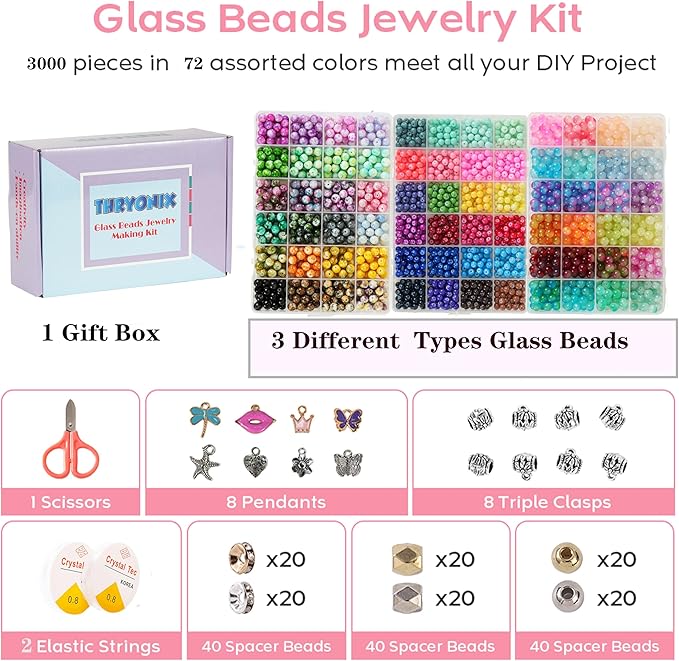 3000pcs 6mm Glass Beads DIY Craft Kit - Beads Bracelet Kit, DIY Beads Jewelry Kit, 72 Color Box Vibrant Beaded Supplies for Jewelry Making, Necklace Bracelet Crafting, String Art & Home Decor