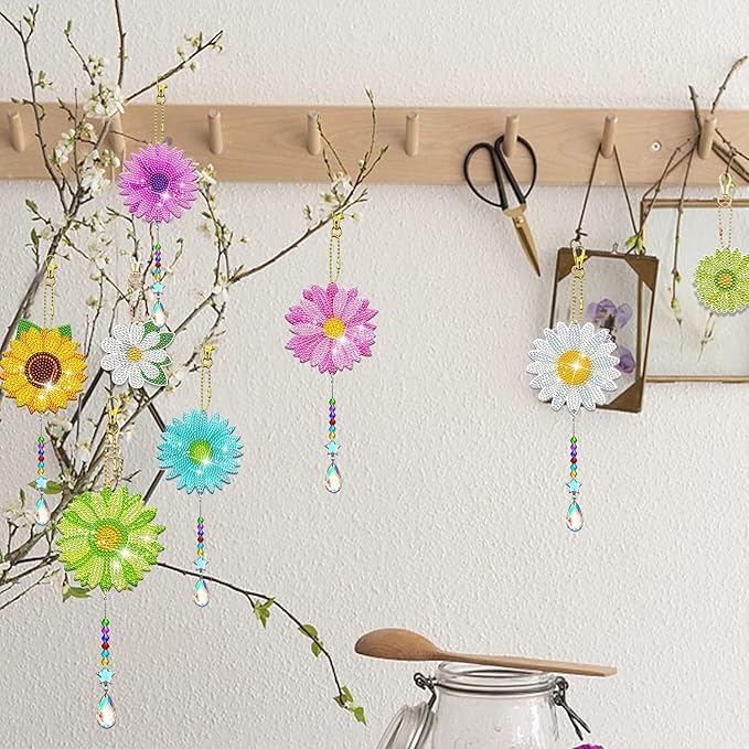 6 Pcs Daisy Diamonds Painting Wind Chimes Suncatcher Double Sided Flower Rhinestone Painting Wind Chime 5D DIY Crystal Diamond Painting Kits Paint by Number Hanging Ornaments Mom Gifts