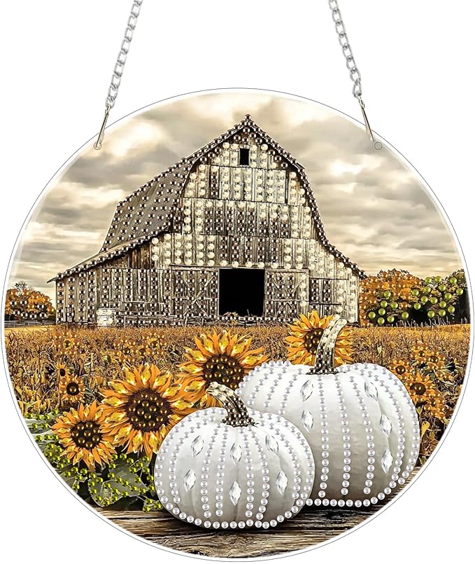 SENQAO Farmhouse Diamond Art Hanging Kits for Adults, Acrylic Diamonds Painting Pendant Board Kits Pumpkin, Diamond Art Painting Window Pendants Home Garden Wall Hanging Kits Hanging Ornament