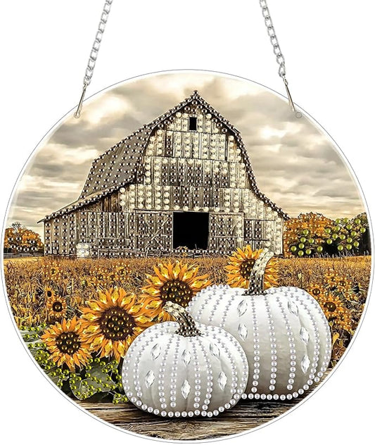 SENQAO Farmhouse Diamond Art Hanging Kits for Adults, Acrylic Diamonds Painting Pendant Board Kits Pumpkin, Diamond Art Painting Window Pendants Home Garden Wall Hanging Kits Hanging Ornament