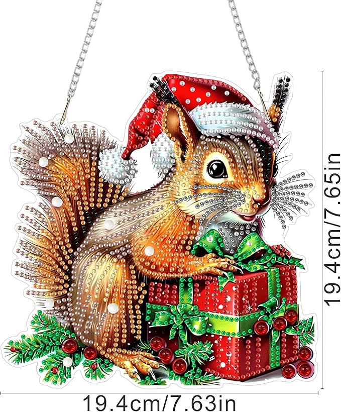 SENQAO Squirrel Diamond Art Hanging Kits for Adults Kids, Christmas Diamond Art Suncatchers, 5D Special Shape Diamond Painting Pendant Window Ornament Gifts for Home Garden Door Wall Decor