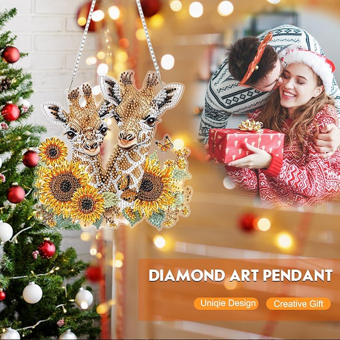 Diamond Art Kit for Adult, Floral Giraffes, Diamond Art Painting Double Sided Window Pendants for Home Garden Wall Hanging, DIY Special Shaped Gem Hanging Ornaments, Beautiful Giraffe with Sunflower