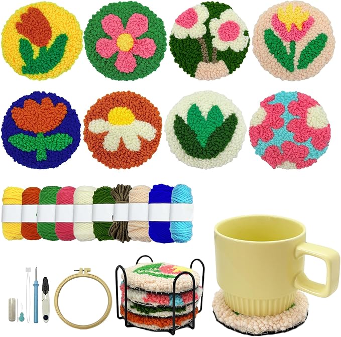 SEREDH Punch Needle Kit for Beginners Adults Easy Needle Punch Embroidery Tool Set Including Threader Instruction Fabric Hoop Yarn Coaster DIY Making Kit Supplies,Set of 8 Flora Art Crafts Gifts