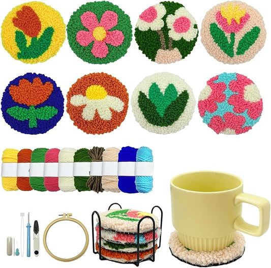SEREDH Punch Needle Kit for Beginners Adults Easy Needle Punch Embroidery Tool Set Including Threader Instruction Fabric Hoop Yarn Coaster DIY Making Kit Supplies,Set of 8 Flora Art Crafts Gifts