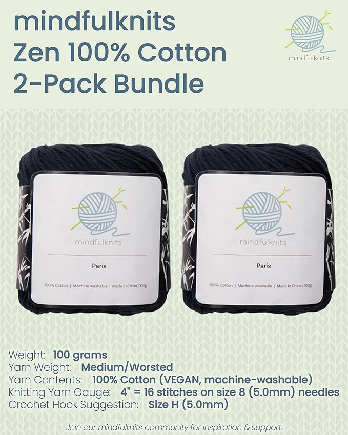 Knitting Yarn, Crochet Yarn, Mindfulness and Relaxation 100 Percent Cotton Yarn, Single Color 2-Pack - Medium Number 4 Worsted Bundle, Soft & Gentle for Garments, Amigurumi, Baby Items by mindfulknits