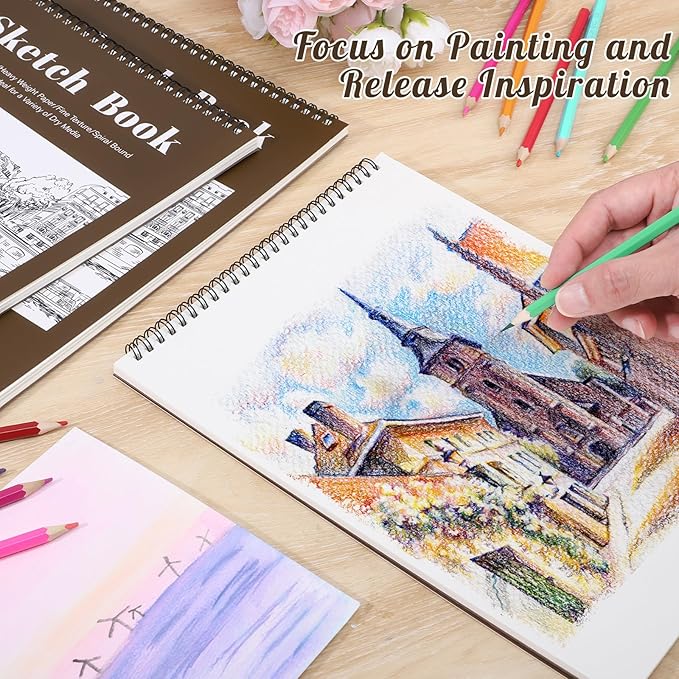 12 pack sketch book, 9 x 12 inch sketchbook, 68lb/100gsm top spiral bound sketch pad, acid free art supplies drawing painting sketching paper for kids, adults, beginners, artists (tan)
