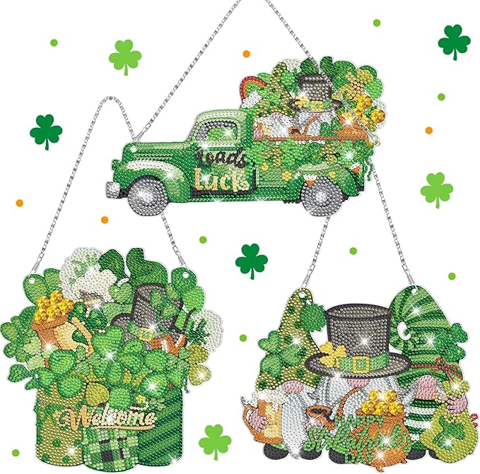 Burbell 3 Pcs St. Patrick's Day Diamond Painting Kits DIY Diamond Painting Hanging Sign Shamrock Gold Coin Beer Truck Gnome Art Kit for St. Patrick's Day Home Wall Decorations Mosaic Crafts Garden