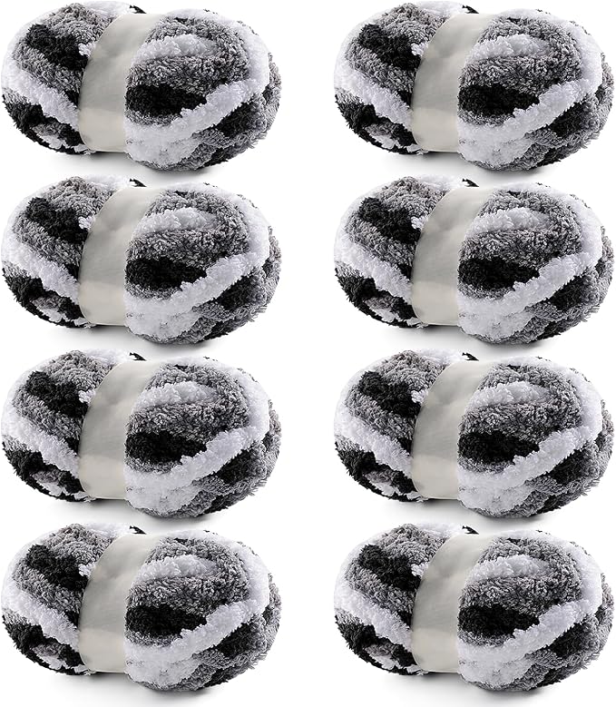 8 Pack Chunky Yarn for Hand Knitting - Chunky Chenille Blanket Yarn for Crocheting and Crochet with Jumbo Fluffy Super Bulky 25 yds 7.7 oz Each Skein (Black White Gray 8Pack)