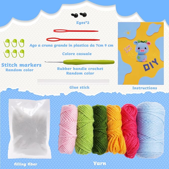 SAMLMAP Crochet Kit for Beginner Learn to Animal Amigurumi Crochet Kit Adult Kit with Step-by-Step Instructions and Video Tutorials Cow Mushroom Potted Plant Coasters