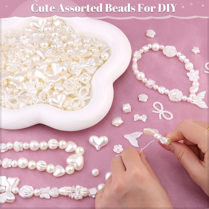 270-320pcs tinkrstuff assorted acrylic beads, mix abs imitation pearl cute beads for bracelet making, bow aesthetic flower butterfly kawaii charms for jewelry making diy necklace keychain phone charm