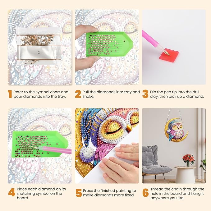 MXJSUA Moon Owl Diamond Art Hanging Kits for Adults Beginners, Crystal Diamond Suncatchers, Special Shape Diamond Painting Pendant Window Ornament Gifts for Home Garden Door Wall Decor