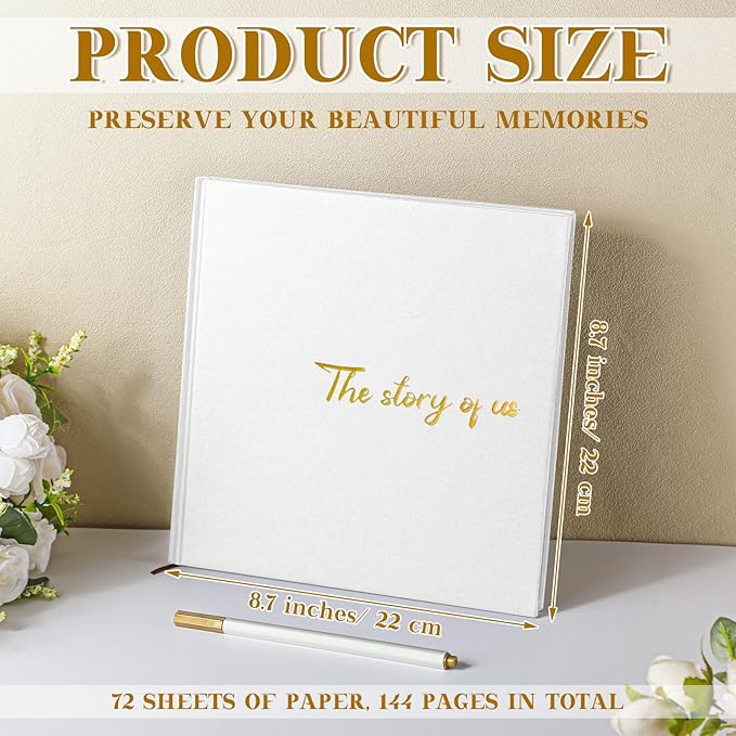 Colarr Hardcover Couples Scrapbook 144 Pages 8.7 x 8.7" Valentine Couples Photo Album Scrapbook Journal for 1 Year Wedding Memory Anniversary Photo Book Gift with 2 Markers(White)