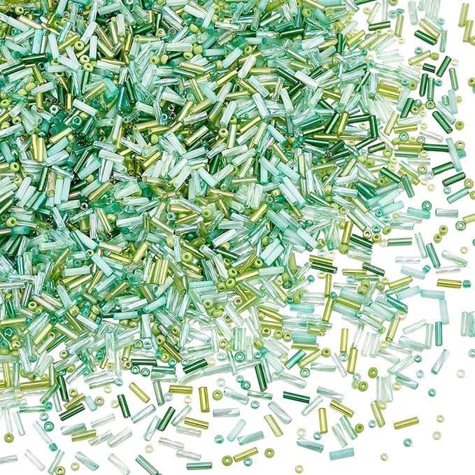 PH PandaHall 3500pcs Green Glass Beads Kits, 1000pcs Twist Bugle Beads, 12/0 2mm 1500pcs Round Glass Seeds Beads, 1000pcs 6mm Glass Tube Beads for Jewelry Sewing Bracelets Necklace Earring Christmas