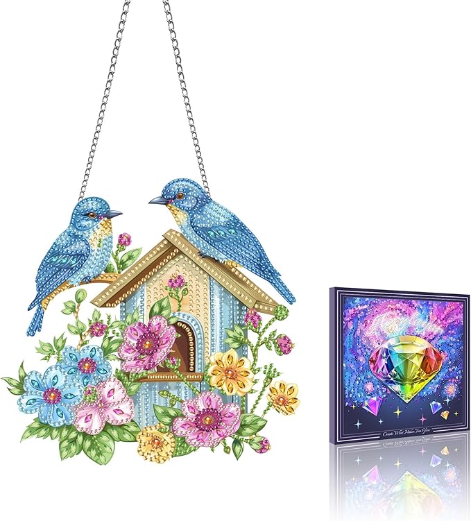 VAIIEYO Birdhouse Diamond Art Hanging Ornament, Bird Animal Diamond Painting Suncatchers Window Hanging Kit with Chain, 7.5x7.5 inch Crystal Pendant Art Craft for Gift Home Wall Front Door Decoration
