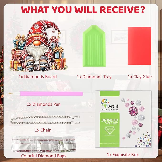 MEIYUDA Gnomes Diamond Art Hanging Kits for Adult, Christmas Gnomes Diamond Painting Hanging Kits Ornaments, DIY Special Shaped Rhinestone Window Pendants kit for Home Garden Wall Decor Gift