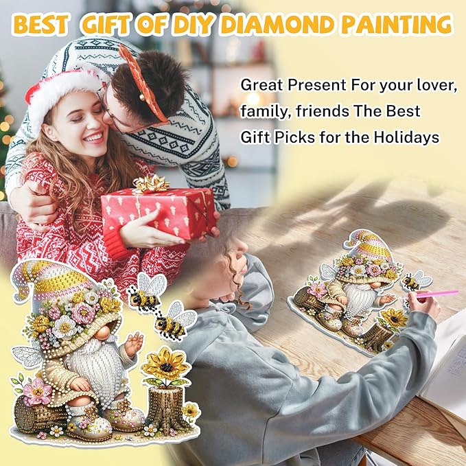 Bowetile Gnome Diamond Art Hanging Kits for Adults, 5D Special Shape Bee Diamond Painting Flowers Pendant Kits, Gem Art Suncatchers Painting Window Ornament for Home Garden Wall Decor