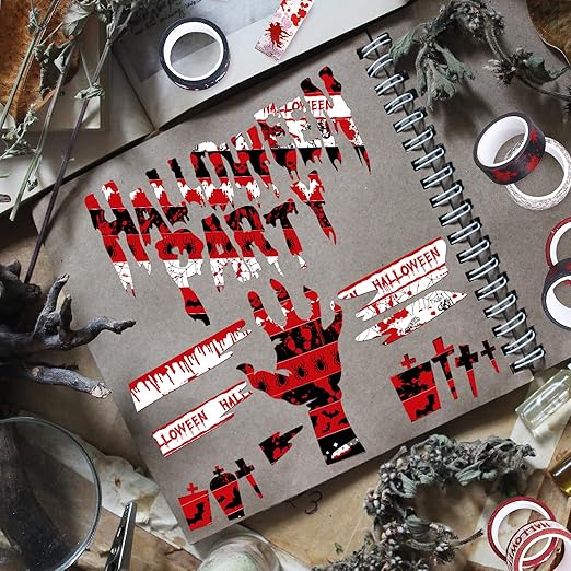 Whaline 12 Rolls Halloween Bloody Washi Tapes Blood Spatter Spooky Bloodstain Skull Ghost Masking Tapes 15mm Scary Bloody Washi Tape Set for Scrapbook Journal DIY Craft Gift Wrapping, 16.4Ft