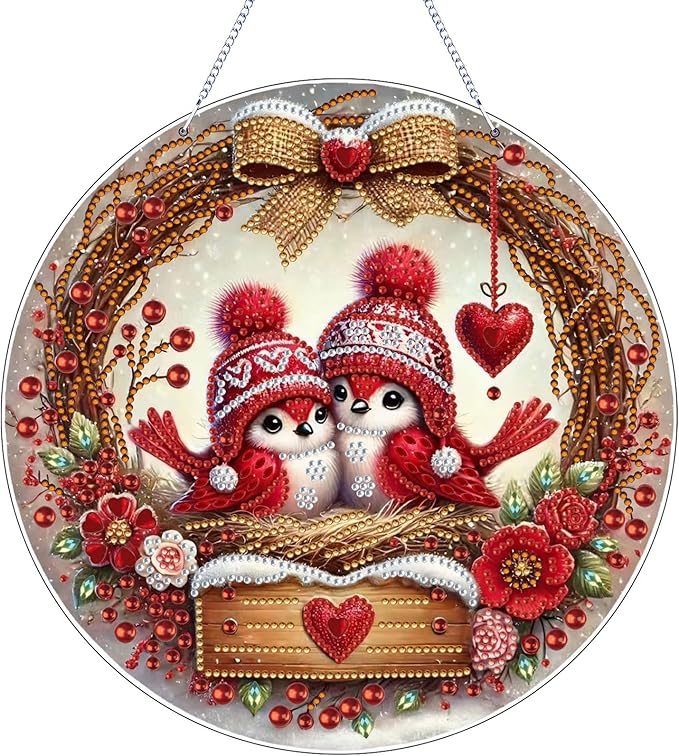 VODAPYC Valentine's Day Diamond Art Hanging Kit for Adults, DIY Double Sided Special Shaped Diamonds Art Window Pendant Ornament for Home Decor(Christmas Lovebird)