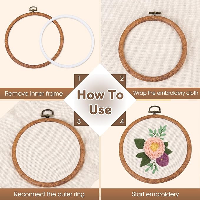 4 pcs round embroidery hoops set-decorative cross stitch hoop ring imitated wood display frame-circle hand embroidery kits for art craft sewing (4 different size)