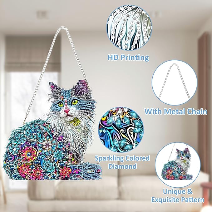 SENQAO Cat Hanging Diamond Art Painting Kits for Adults Beginners, 5D Special Shape Diamond Art Kits, Cat Crystal Rhinestones Diamond Gem Art Painting for Home Garden Wall Decor