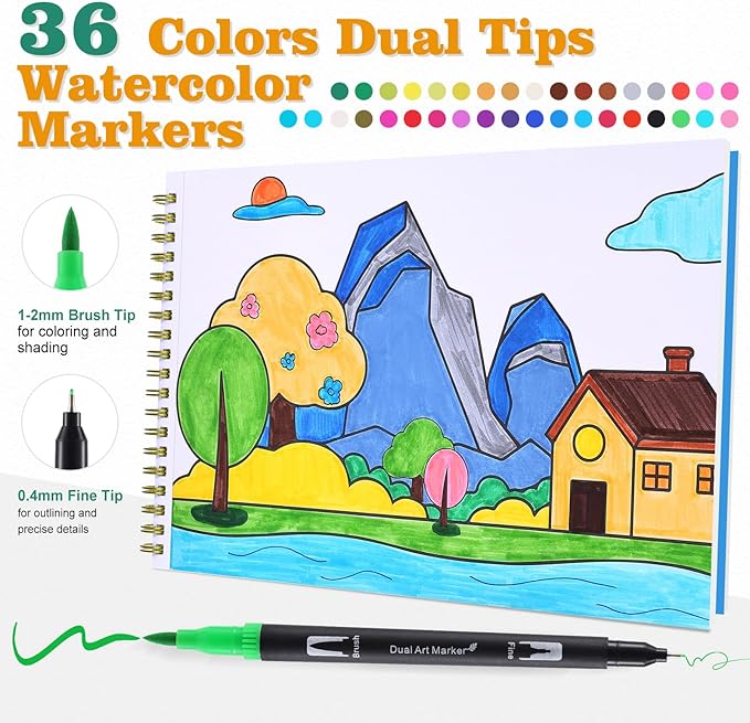 36 Colors Watercolor Markers with Coloring Book Set Brush & Fine Dual Tip No Bleeding Professional Paint Pens For Drawing Note taking Planner Calligraphy Journaling Card Making Art Supplies