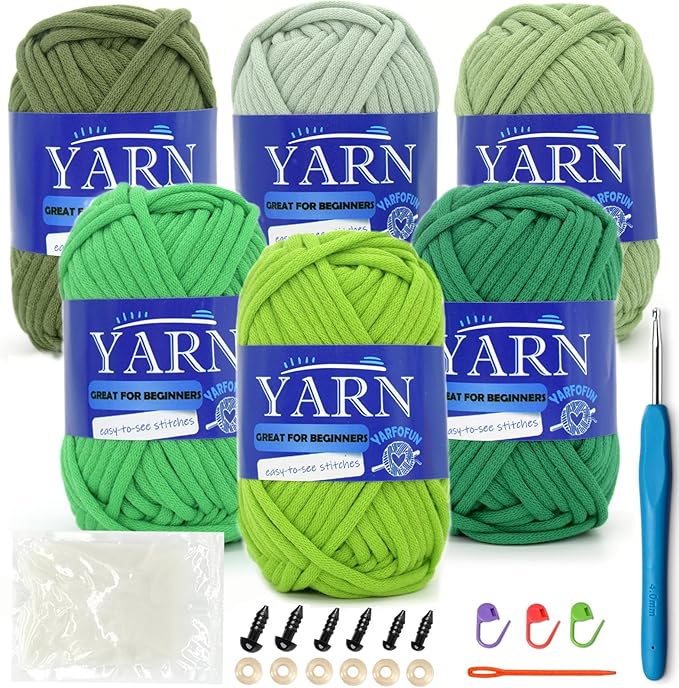 Green Series 6 Pack Cotton Nylon Blend Yarn for Beginners - Easy Crochet & Knitting Kit with Clear Stitches