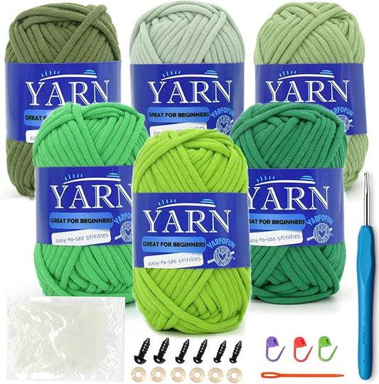 Green Series 6 Pack Cotton Nylon Blend Yarn for Beginners - Easy Crochet & Knitting Kit with Clear Stitches