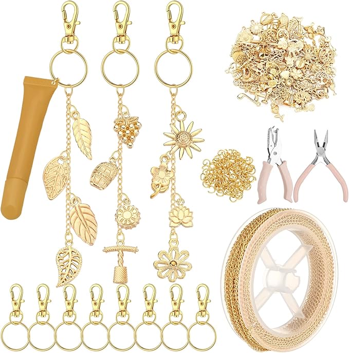 VioraWhite 213 Pcs Lip Gloss Keychain Making Kit 100 Pink Enamel Charms 32.81 ft Gold Chains for DIY Crafts Women(Gold)