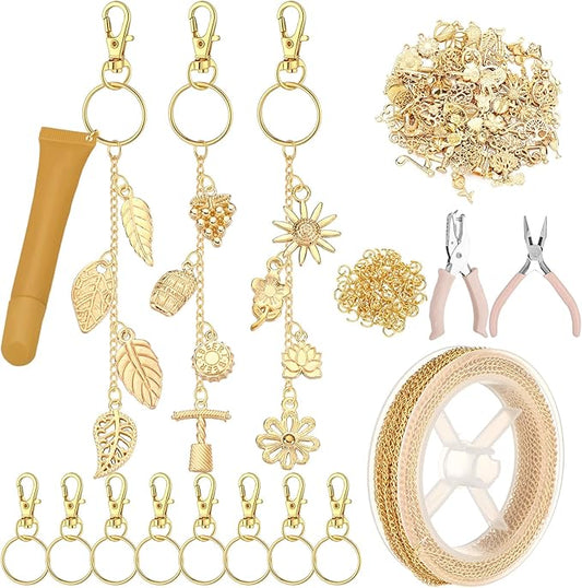VioraWhite 213 Pcs Lip Gloss Keychain Making Kit 100 Pink Enamel Charms 32.81 ft Gold Chains for DIY Crafts Women(Gold)
