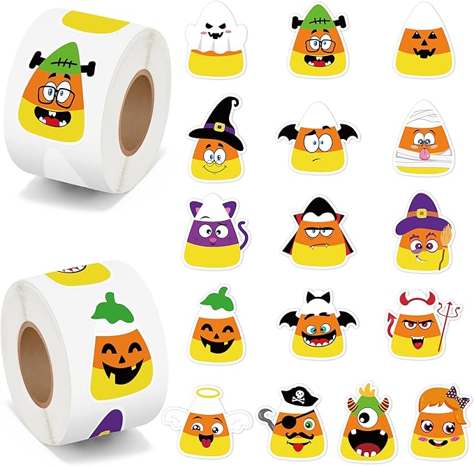 beyumi halloween candy corn stickers - 1000pcs cute cartoon halloween character stickers in 2 rolls with funny expression waterproof vinyl decal for party school classroom envelope gift decor