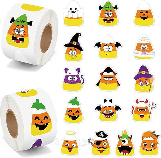 beyumi halloween candy corn stickers - 1000pcs cute cartoon halloween character stickers in 2 rolls with funny expression waterproof vinyl decal for party school classroom envelope gift decor
