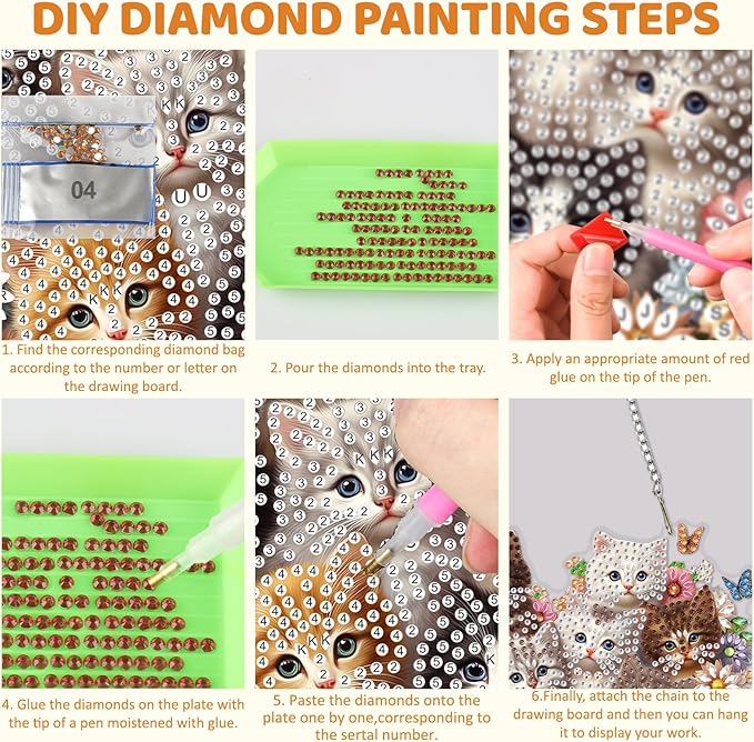 MEIYUDA Cat Diamond Art Hanging Kits for Adult, Flower Cats Diamond Painting Hanging Kits Ornaments, DIY Special Shaped Rhinestone Window Pendants Kit for Home Garden Wall Decor Gift