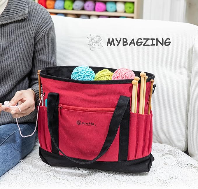 Canvas Yarn Storage Organizer Bag Washable Crochet Bag with Pockets for Yarn, Hooks, Needles – Travel Knitting Tote for Crafters – Gift for Crocheters & Knitters (Medium/Large)