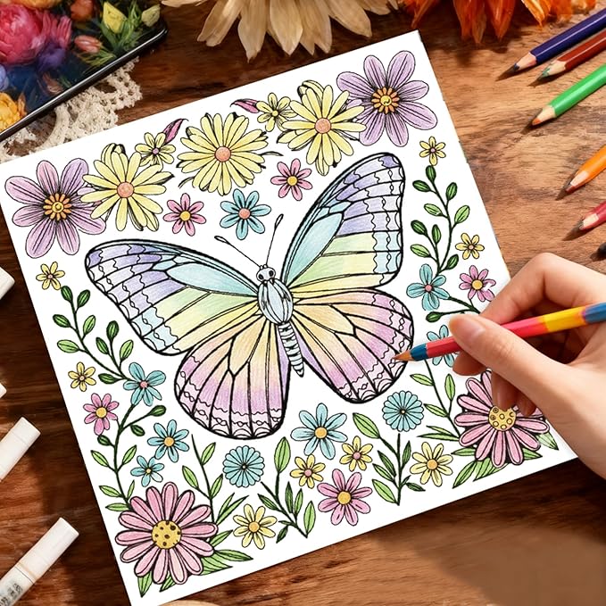 ZHIJIANHZ Adult Coloring Book for Women with Floral and Butterfly Designs,6.7x6.7 Inch 30 Pages for Relaxation and Stress Relief, Beautiful Flowers and Garden Scenes for Anxiety Relief