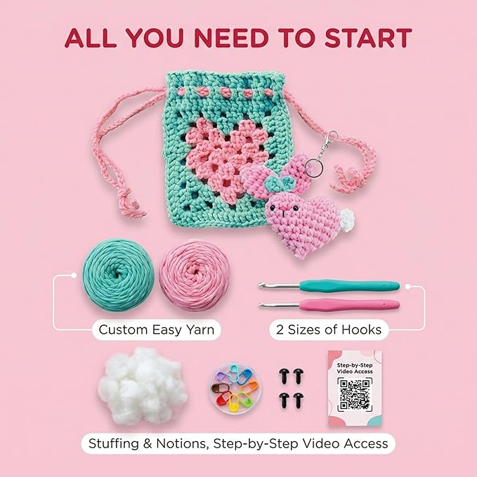 Wimmsie Crochet Animal Kit for Beginners - Easy Beginner Crochet Kit for Kids - Cute Amigurumi Heart Bunny & Granny Square Heart Pouch - Easter Craft - Keychain and Mini Purse