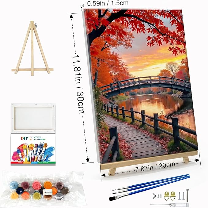 JOOZ Paint by Numbers Kit for Adults with Frame Autumn Landscape Paint by Number with Easel Forest Adult Paint by Number Kits Framed Canvas Bridge Oil Painting Kits for Home Wall Decor 8x12 Inch