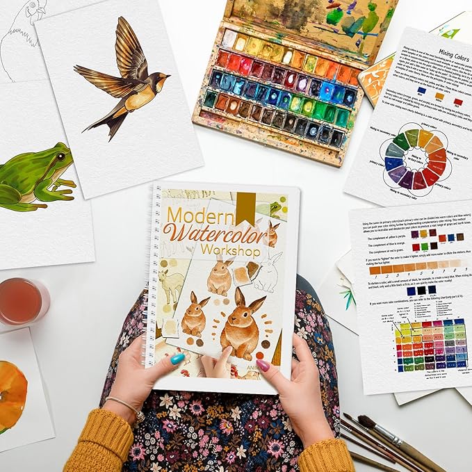 Watercolor Workbook, Watercolor Workbook Paint Book Beginner Friendly, 12 Different Patterns Stress-Relieving Art Crafts for Creative Exploration Gift for Women Adults Teens (Animals, 1)