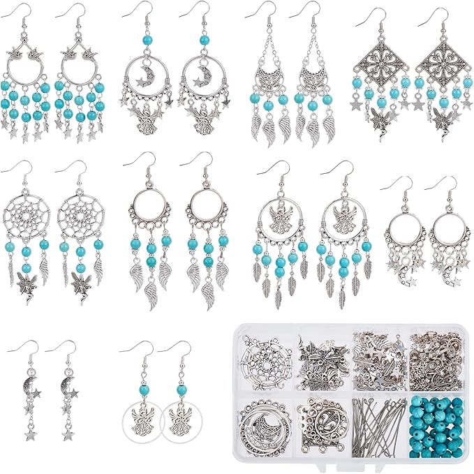 SUNNYCLUE 1 Box DIY 10 Pairs Angel Fairy Charm Boho Style Chandelier Charms Earring Making Kit Feather Star Dream Catcher Pendants for Jewelry Making Kits Adult Women DIY Craft Beginner Supplies