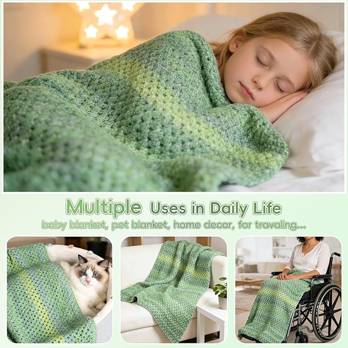 Aeelike Blanket Crochet Kit for Beginners, Super Easy Crochet Blanket Kit with Soft & Colorful Gradient Yarns Detailed Video Tutorials Crocheting Accessories, Moss Green Gradient & Ideal Gift