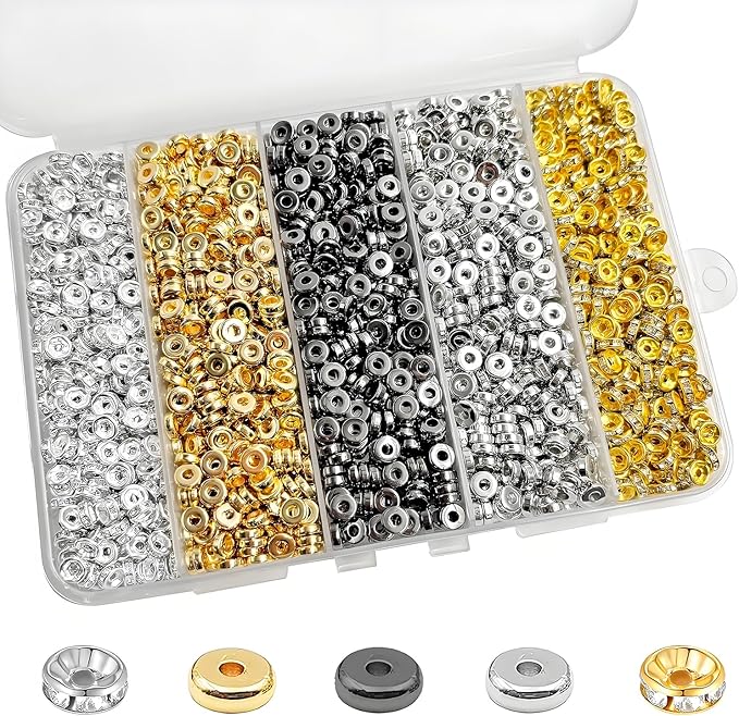 6mm Flat Round Spacer Beads, Clay Beads for Bracelets Making Kit, Heishi Polymer Flat Disc Spacer Beads for Jewelry Making, Clay Beads for Jewelry Making Gold Beads Silver (1700pcs(500Rhinestone))