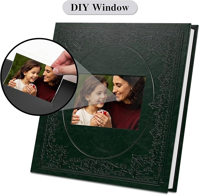 Vienrose Self Adhesive Faux Leather Photo Album with Window DIY Scrapbook Kit for 4x6 5x7 8x10 Pictures, Memory Book for Baby Kids Wedding Journal School Polaroid, 20 Sheets(40 Pages) Dark Green