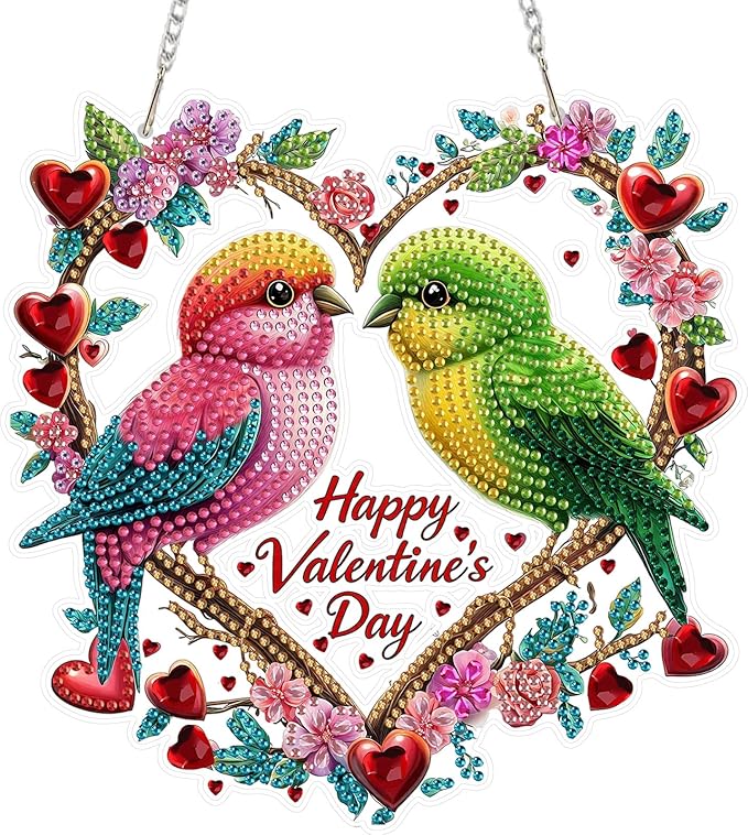 MEIYUDA Valentine's Day Diamond Art Hanging Kits for Adult, A Pair of Birds Diamond Painting Hanging Kits Ornaments, DIY Special Shaped Rhinestone Window Pendants kit for Home Garden Wall Decor Gift