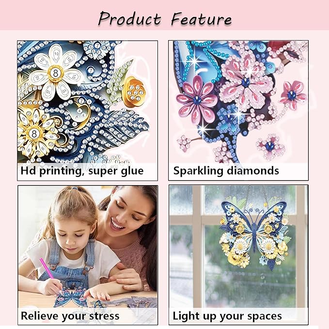 Muzagroo Art 5D Diamond Art Kits for Adults, Butterflies Diamond Hanging Ornament Kits for Windows, DIY Special Shaped Diamond Dot Kits, Crystal Window Hanging Pendant Ornament 2PCS(Butterflies)