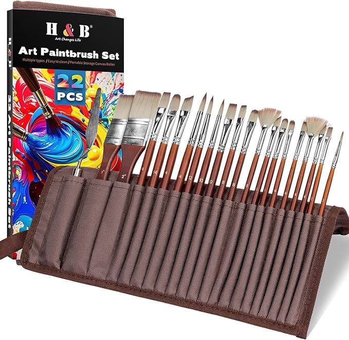 22PCS H&B Paint Brush Set, Travel Watercolor Acrylic Painting Brushes with Canvas Roll & Palette Knife, Professional Artist Brush Kit for Oil, Acrylic Canvas Paintings (Brown)