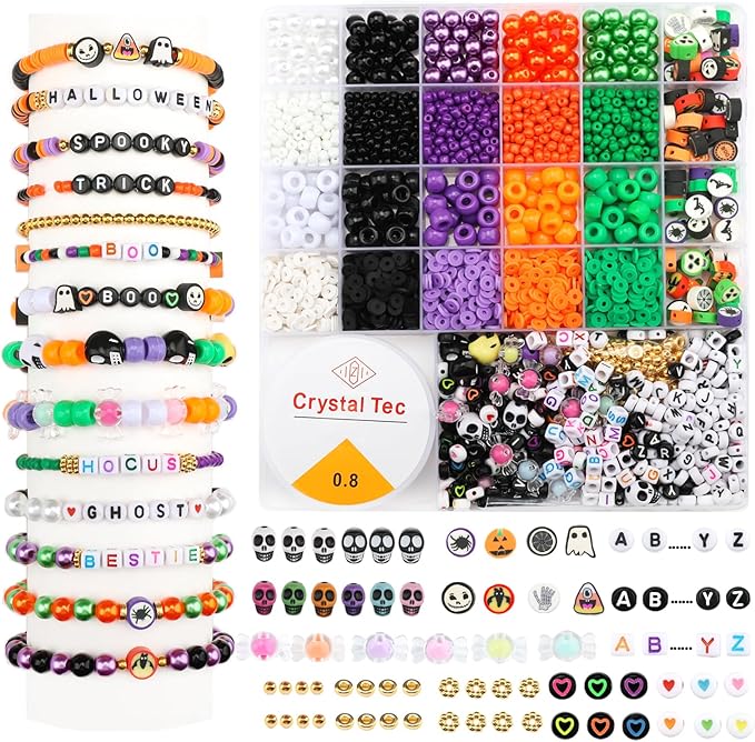 3010 Pieces Halloween Bracelet Making Kit, Assorted Halloween Bead Polymer Clay Beads Skull Beads Glasses Pearl Bead for Necklace Jewelry Making DIY Crafts